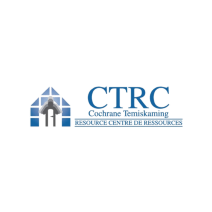 Timmins Care Logo of Cochrane Temiskaming Resource Centre featuring a graphic of a roof with a silhouette of a person and the text "CTRC Cochrane Temiskaming Resource Centre de Ressources. Cochrane District Social Services Administration Board