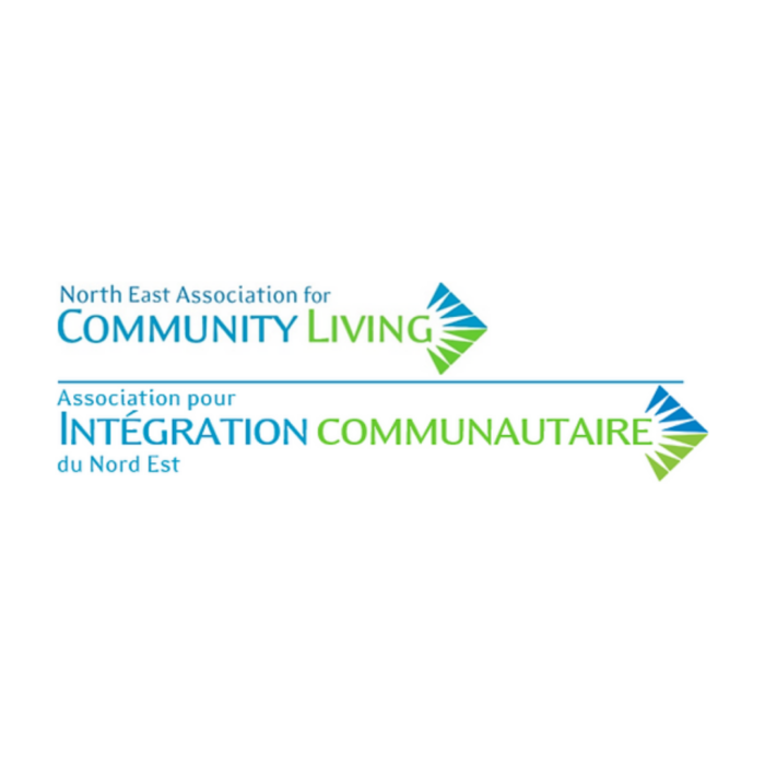 Timmins Care Logo of the North East Association for Community Living/Association pour Intégration Communautaire du Nord Est featuring blue and green text with arrow designs. Cochrane District Social Services Administration Board