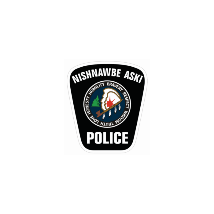 Timmins Care Nishnawbe Aski Police emblem with "Humility, Bravery, Respect, Honesty, Truth, Wisdom, Love" around a shield featuring a teepee and trees. Text "Nishnawbe Aski Police" is at the top and bottom. Cochrane District Social Services Administration Board