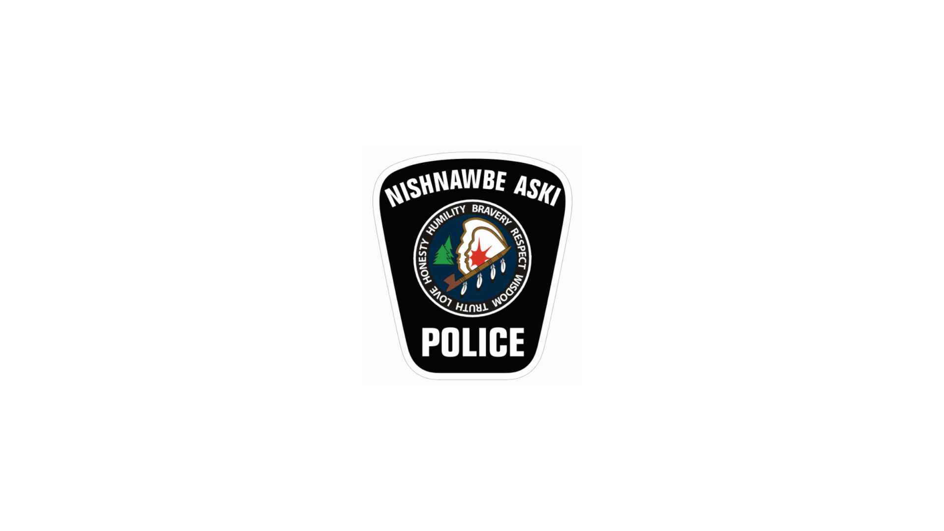 Timmins Care Nishnawbe Aski Police emblem with "Humility, Bravery, Respect, Honesty, Truth, Wisdom, Love" around a shield featuring a teepee and trees. Text "Nishnawbe Aski Police" is at the top and bottom. Cochrane District Social Services Administration Board