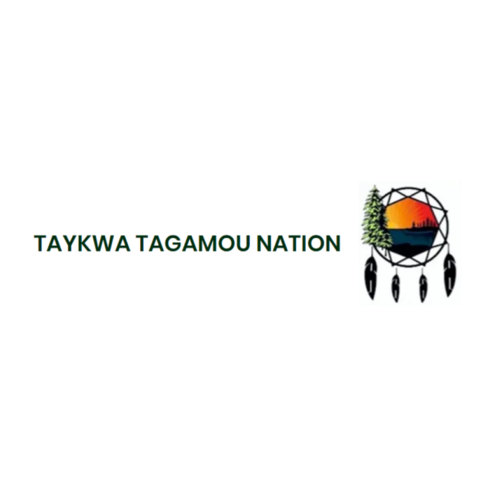 Timmins Care Logo of the Taykwa Tagamou Nation, featuring text and an illustration of a sunset/sunrise over a forest with four hanging feathers. Cochrane District Social Services Administration Board