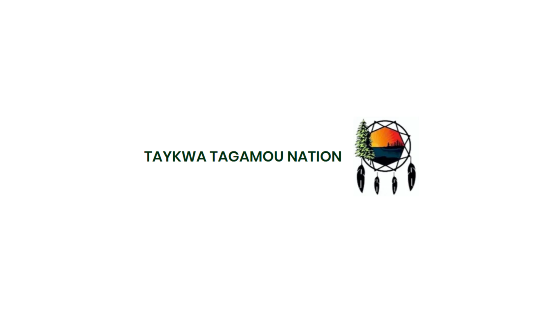 Timmins Care Logo of the Taykwa Tagamou Nation, featuring text and an illustration of a sunset/sunrise over a forest with four hanging feathers. Cochrane District Social Services Administration Board