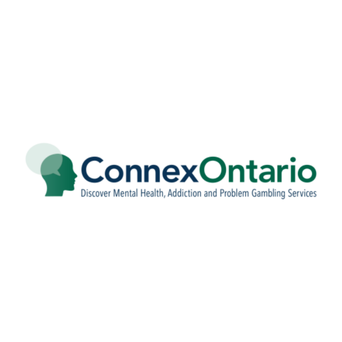 Timmins Care ConnexOntario logo with a profile silhouette and text that reads "Discover Mental Health, Addiction and Problem Gambling Services". Cochrane District Social Services Administration Board