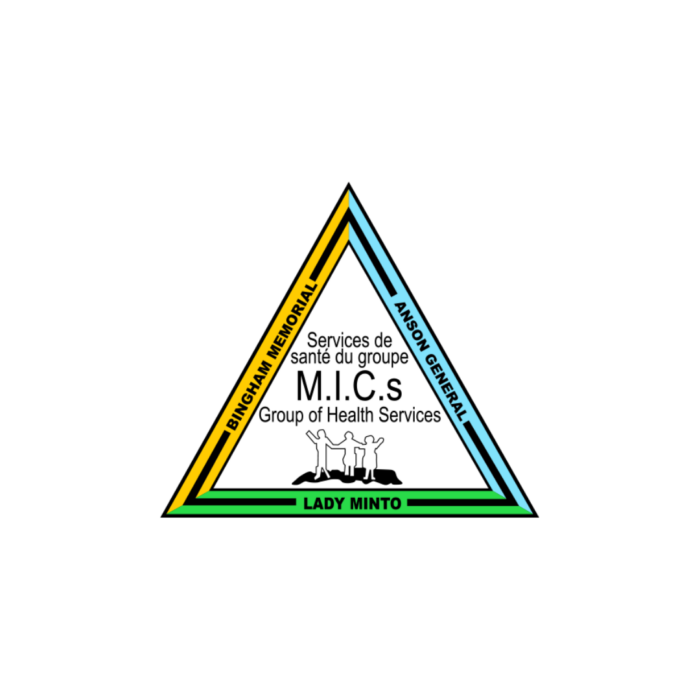 Timmins Care Logo of M.I.C.S. Group of Health Services, with a triangular emblem bordered by yellow, green, and blue and labeled "Anson General," "Bingham Memorial," and "Lady Minto" on each side. Cochrane District Social Services Administration Board